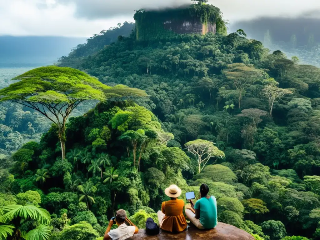 Un guía indígena muestra la exuberante selva tropical a un grupo de turistas, en un recorrido cultural de historia y naturaleza