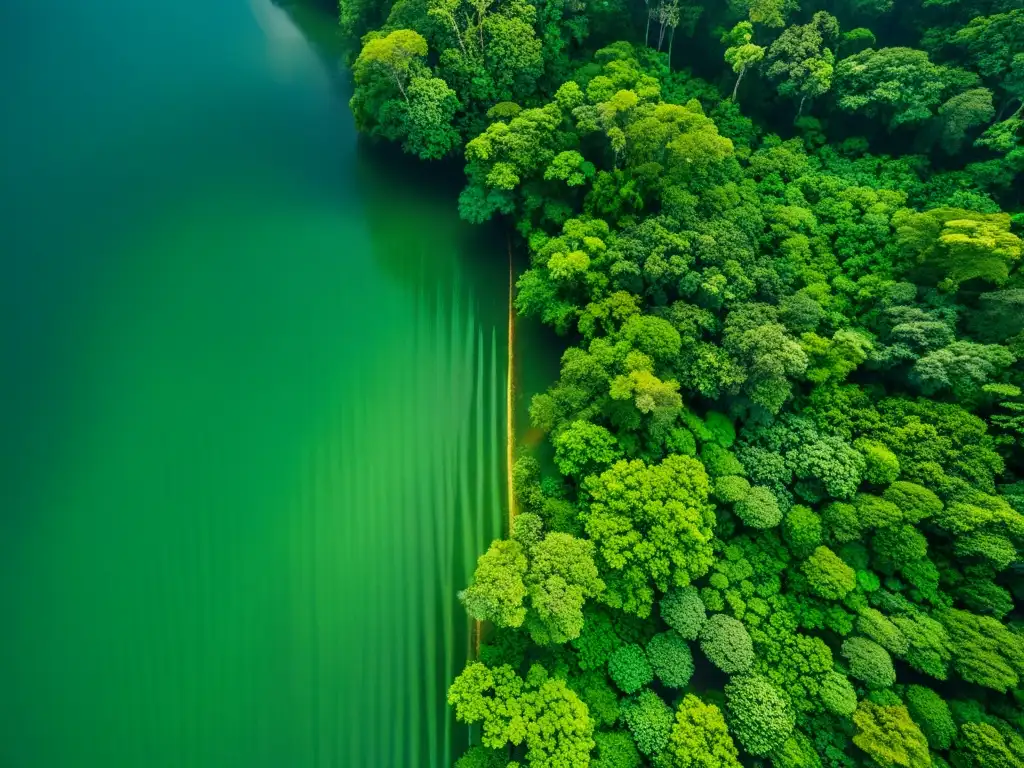 Una exuberante selva tropical con un intrincado dosel verde y un juego de sombras hipnotizante en el suelo del bosque