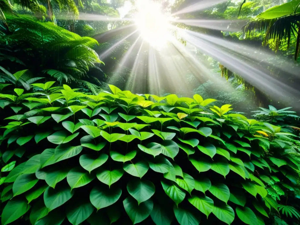 Una exuberante selva tropical llena de vida, con una rica diversidad de flora y un ambiente etéreo