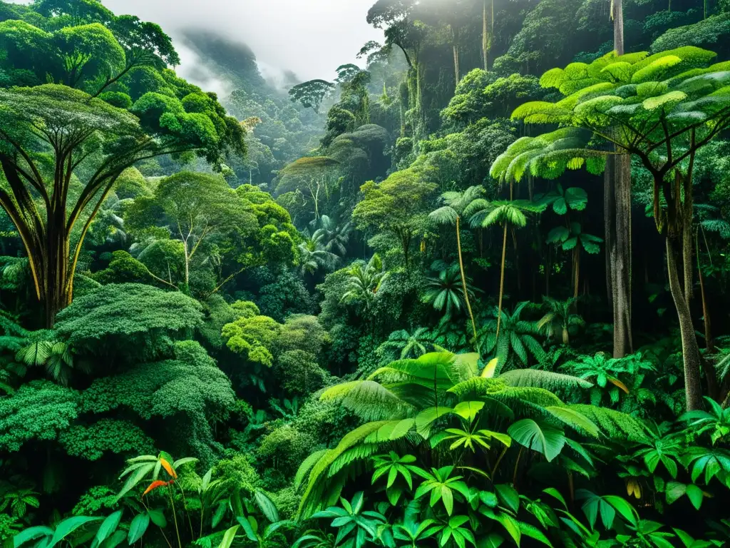 Una exuberante selva tropical llena de vida, con árboles imponentes, vegetación vibrante y diversa fauna