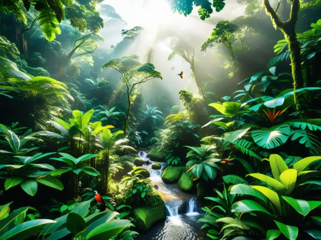 Una exuberante selva tropical llena de vida y color, con una diversidad de flora y fauna