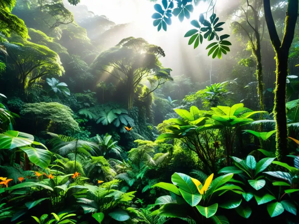 Una exuberante selva tropical, con luz solar entre el denso dosel, resalta la biodiversidad