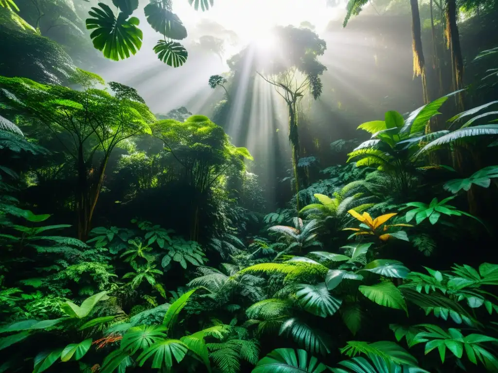 Una exuberante selva tropical en 8k, con vida vegetal y animal diversa, resplandeciendo bajo la luz solar