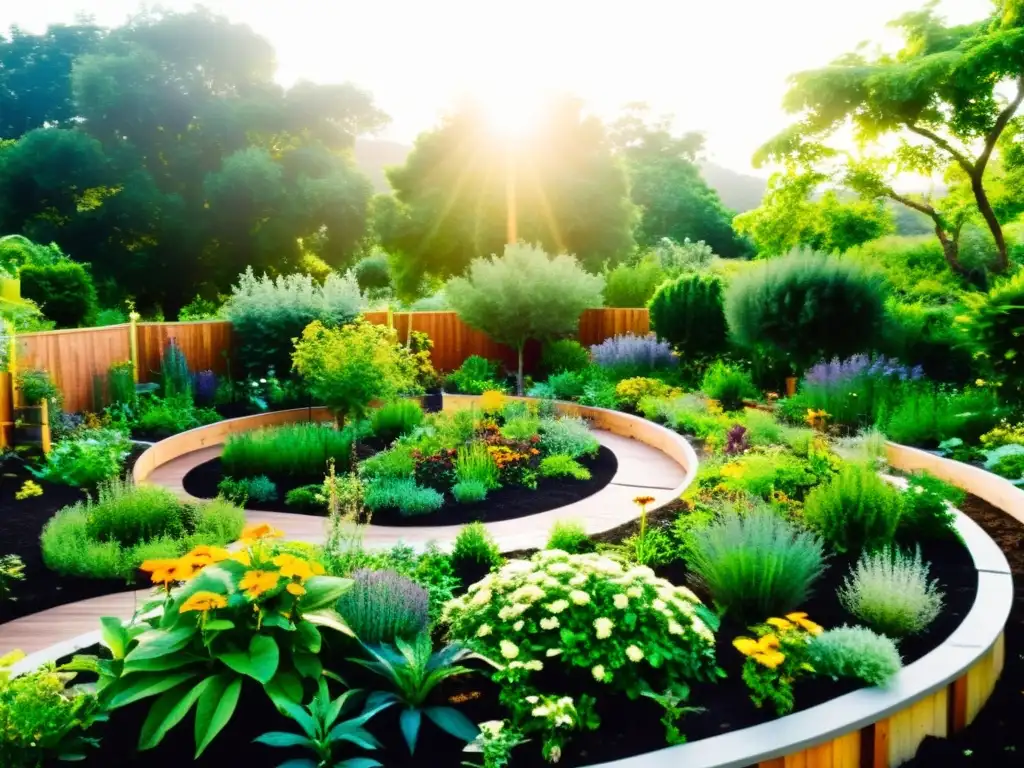 Un exuberante jardín sostenible de permacultura con diversidad de plantas, árboles frutales y un sistema de recolección de agua de lluvia