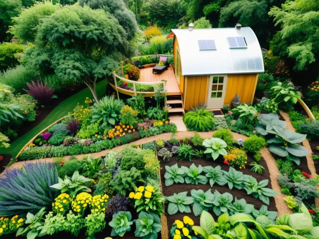 Un exuberante jardín sostenible en permacultura rebosante de vida y color, con frutas, verduras, flores vibrantes y un ecosistema próspero