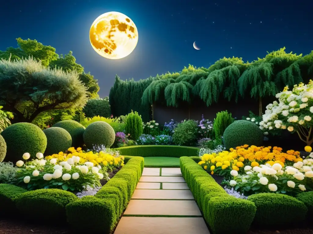 Un jardín exuberante bajo la suave luz de la luna, con plantas vibrantes que reflejan la influencia de los ciclos lunares en su crecimiento