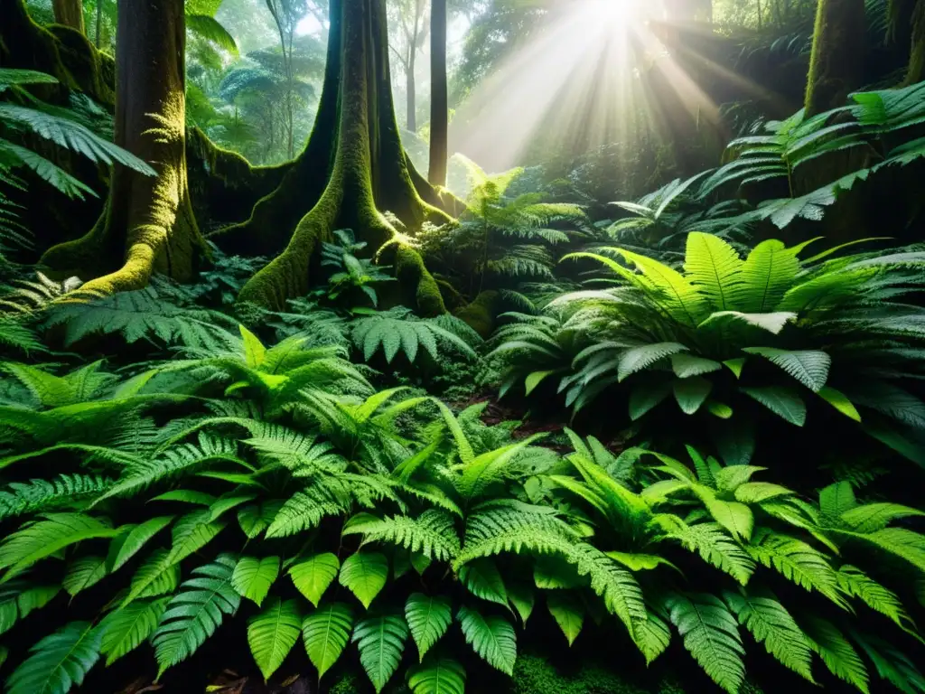 Un exuberante suelo de selva con diversa vegetación, raíces expuestas y luz solar filtrada