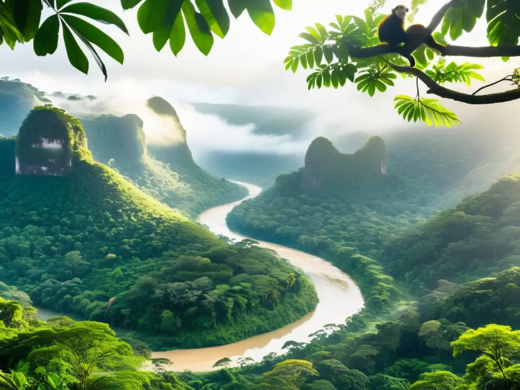 Un exuberante y tranquilo bosque tropical con un dosel de hojas verdes vibrantes, un río serpenteante y aves exóticas