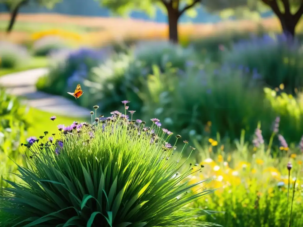 Un exuberante y variado jardín lleno de hierbas nativas y flores silvestres, con abejas y mariposas revoloteando