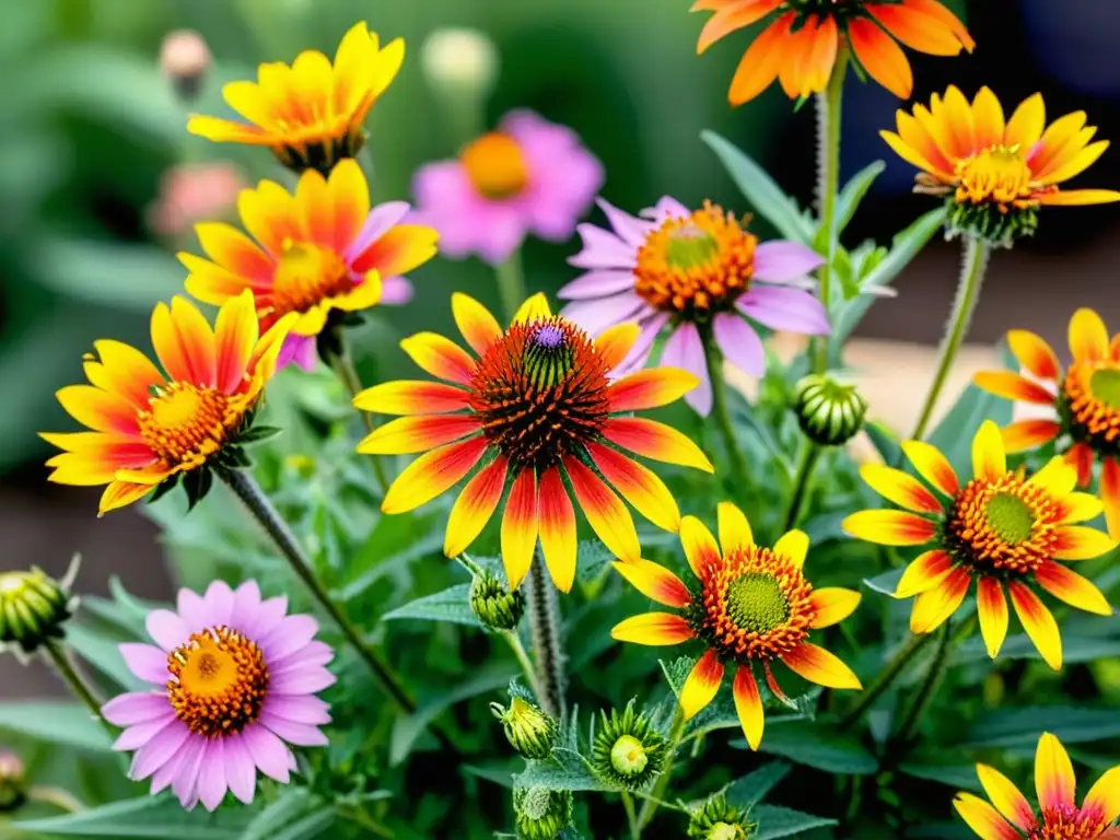 Una exuberante variedad de flores silvestres en un jardín sostenible, con detalles vibrantes y una atmósfera natural y serena