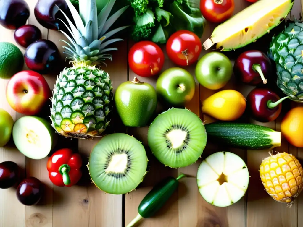 Una exuberante variedad de frutas y verduras orgánicas frescas, con gotas de agua brillante