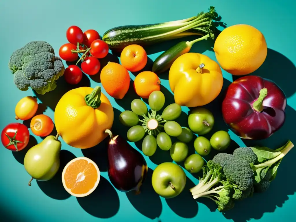 Una exuberante variedad de frutas y verduras orgánicas, con colores vibrantes y texturas naturales