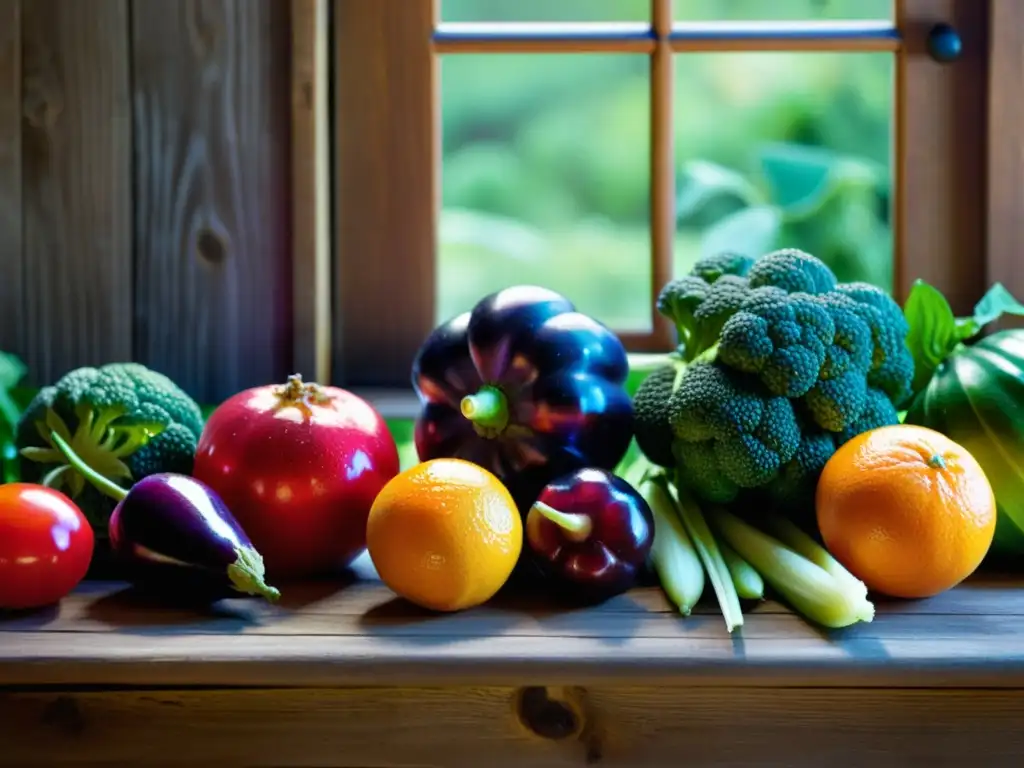 Una exuberante variedad de frutas y verduras orgánicas en una mesa rústica