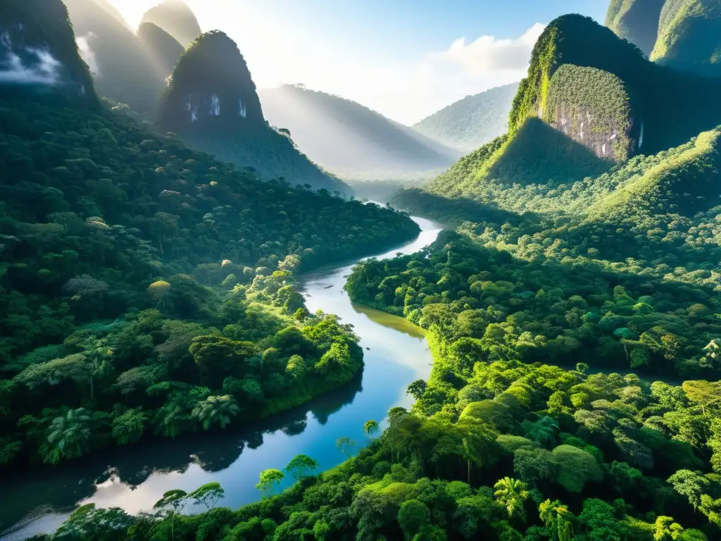 Un exuberante y vasto bosque lluvioso, reflejando la complejidad y la belleza natural, resaltando el impacto del calentamiento global en ecosistemas