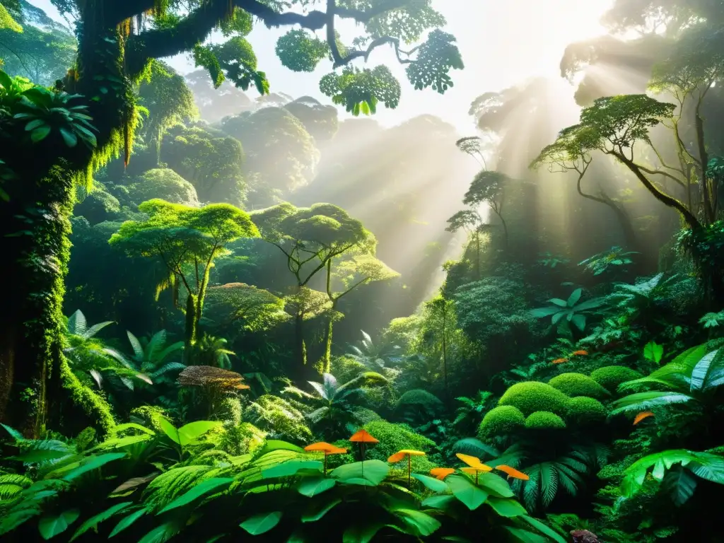 Un exuberante y verde bosque lluvioso con árboles imponentes que se elevan hacia el cielo