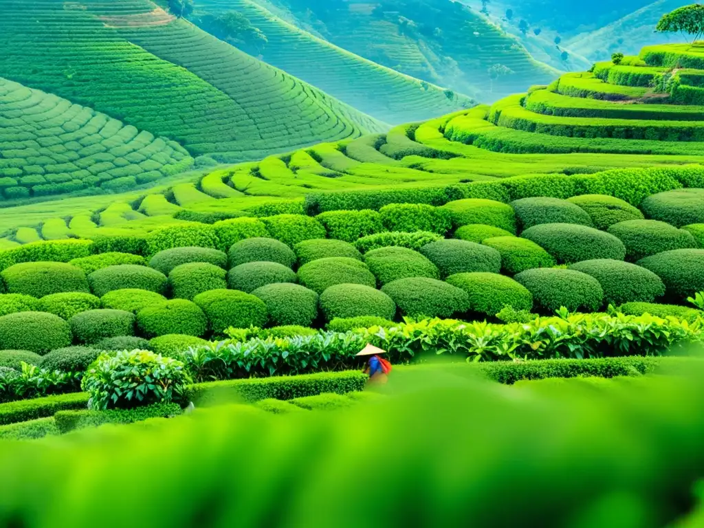 Plantación de té exuberante y verde en un paisaje tropical