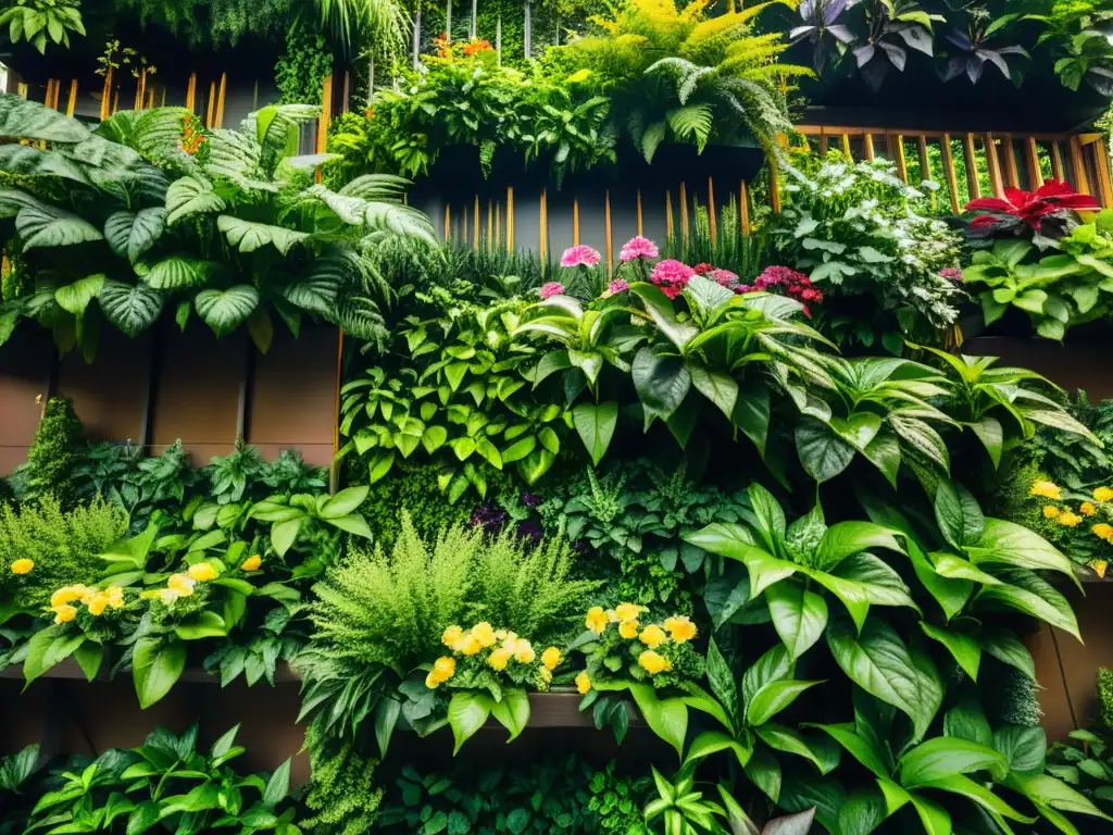 Un exuberante jardín vertical rebosante de vida y diversidad de especies, con una riqueza biológica que cautiva