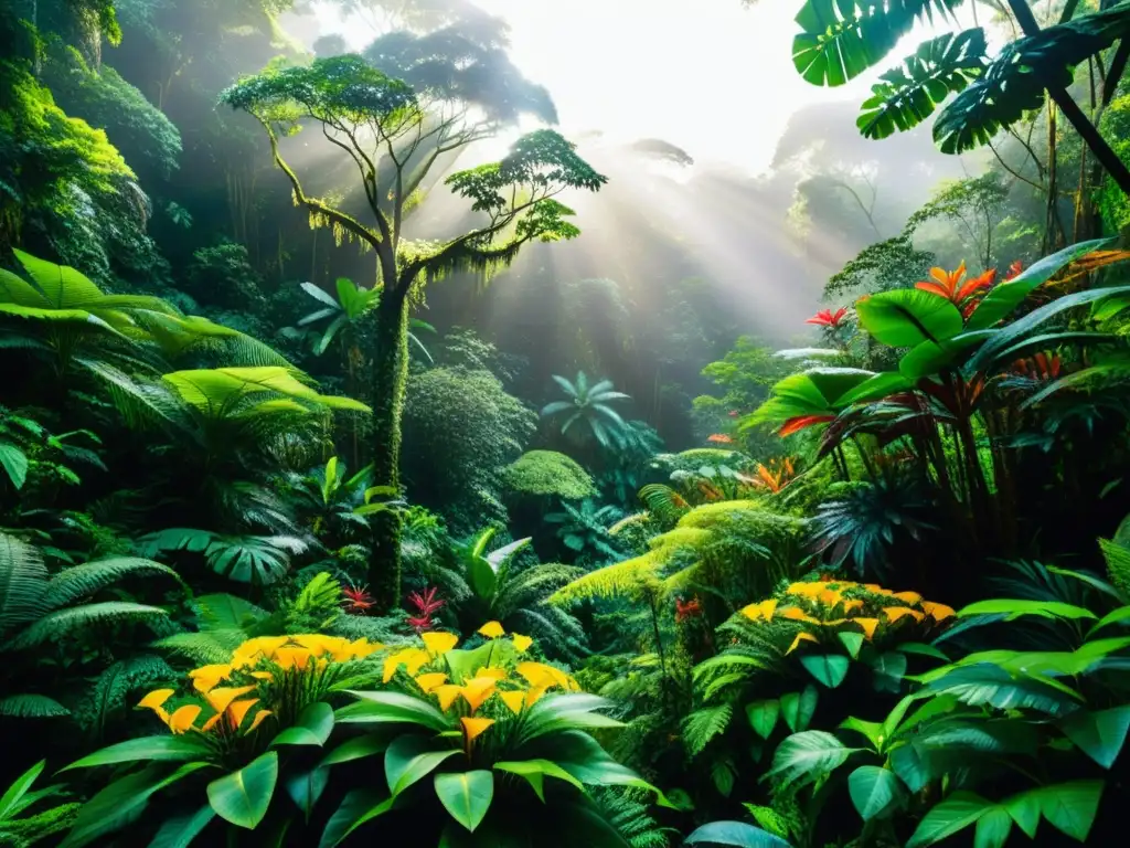 Un exuberante y vibrante bosque lluvioso rebosante de vida, con una biodiversidad que previene enfermedades emergentes en ecosistemas