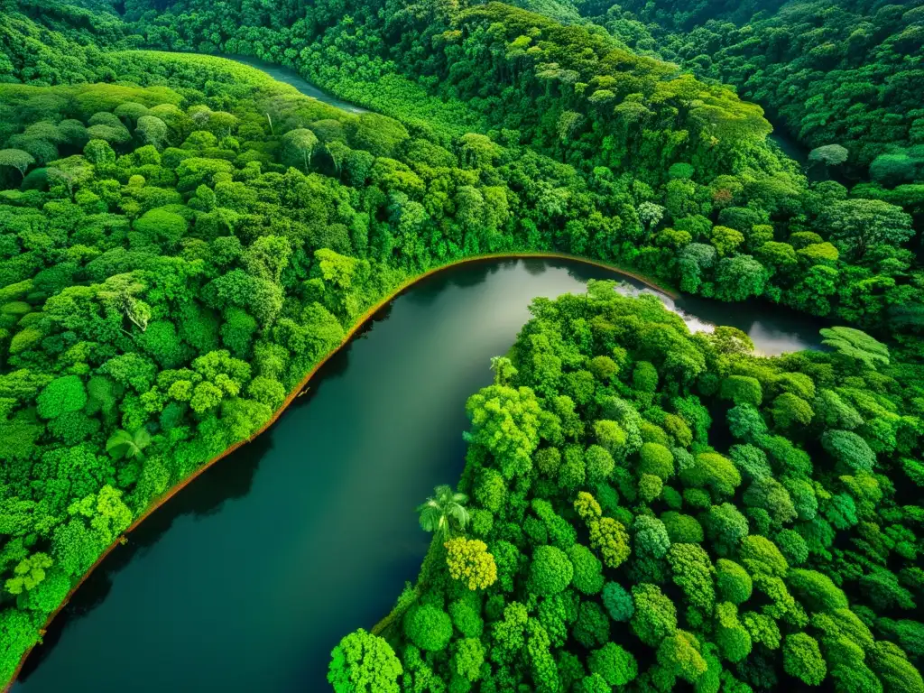 Un exuberante y vibrante bosque tropical con un río serpenteante