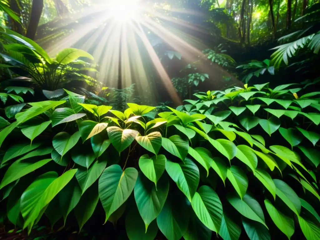 Un exuberante y vibrante bosque tropical con luz solar filtrándose a través del dosel, mostrando la diversa vida vegetal y creando un juego fascinante de luces y sombras en el suelo del bosque