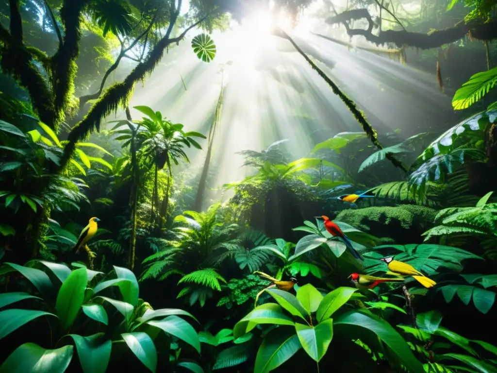 Un exuberante y vibrante escenario de selva tropical, con una diversidad de flora y fauna que muestra la interconexión de la vida en el ecosistema