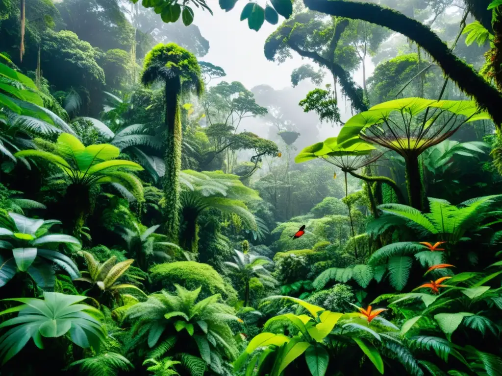 Un exuberante y vibrante escenario de selva lluviosa con una diversa variedad de flora y fauna