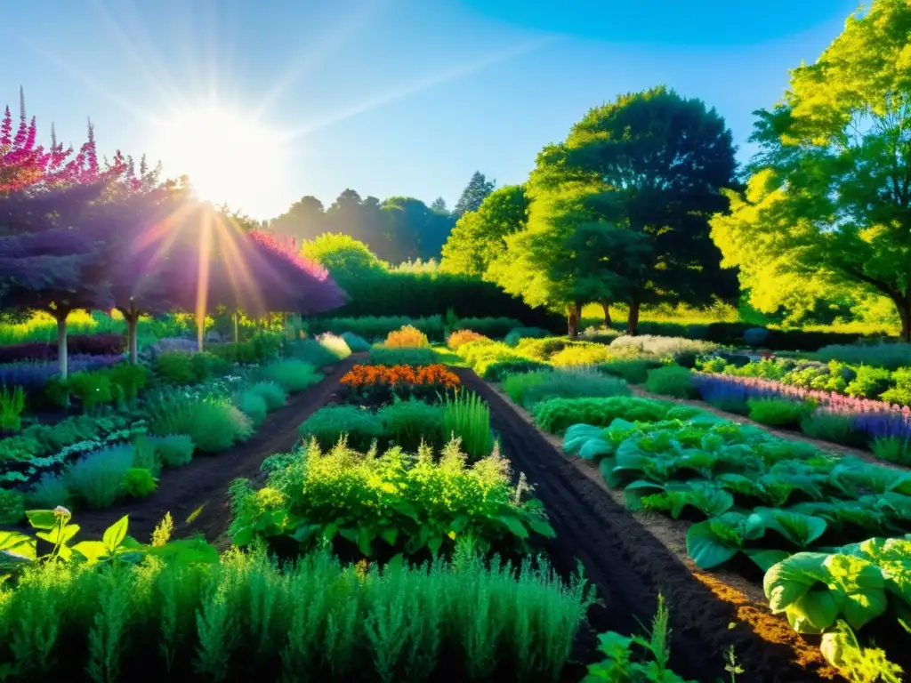 Un jardín agrícola biointensivo exuberante y vibrante, lleno de hileras de vegetales y hierbas coloridas, bañado por el sol