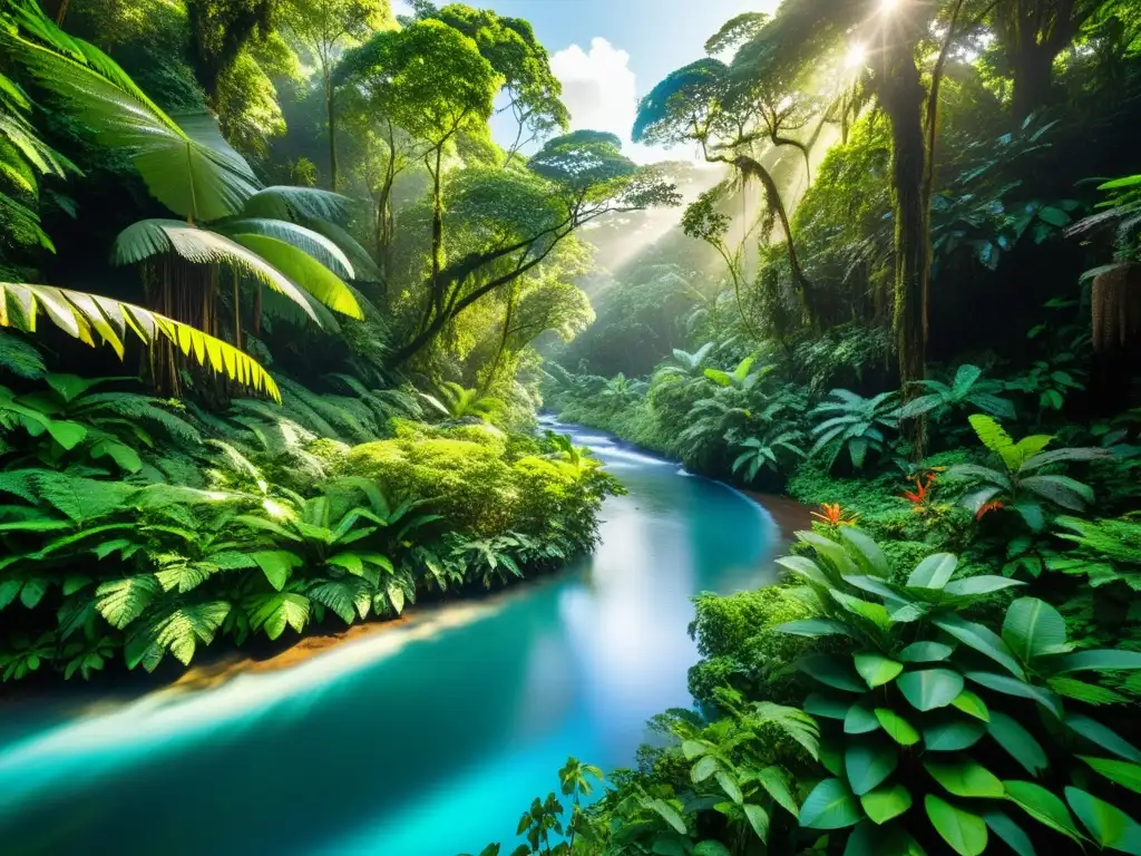 Un exuberante y vibrante bosque lluvioso con aves exóticas y una diversa variedad de plantas