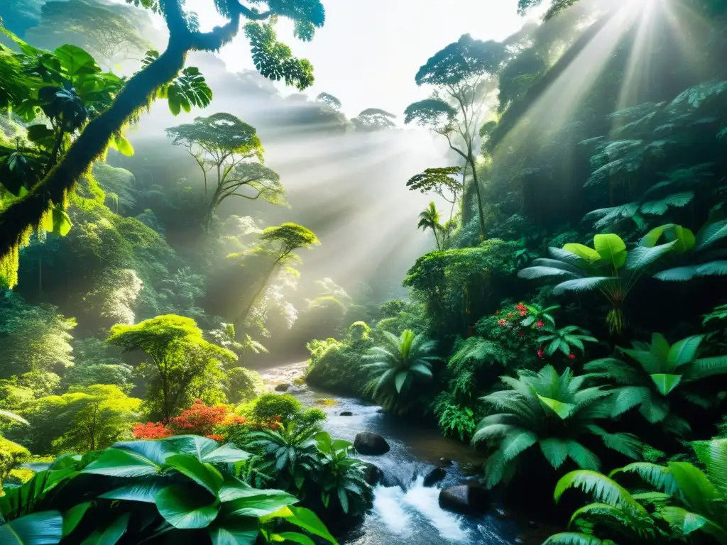 Un exuberante y vibrante bosque lluvioso con una diversidad de árboles altos, flores coloridas y vida silvestre