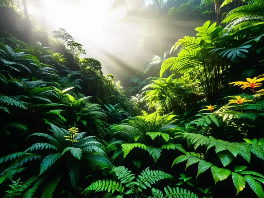 Un exuberante y vibrante bosque lluvioso, con luz solar filtrándose a través del dosel y creando patrones de luz y sombra en el suelo del bosque