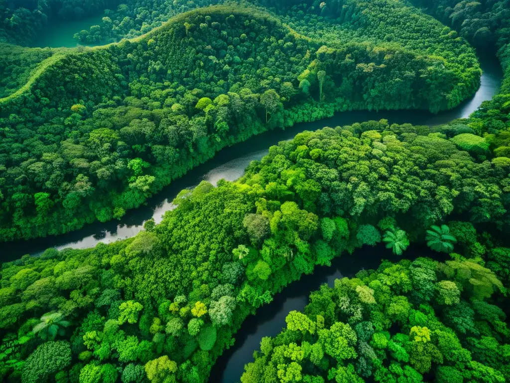 Un exuberante y vibrante bosque lluvioso con un río serpenteante