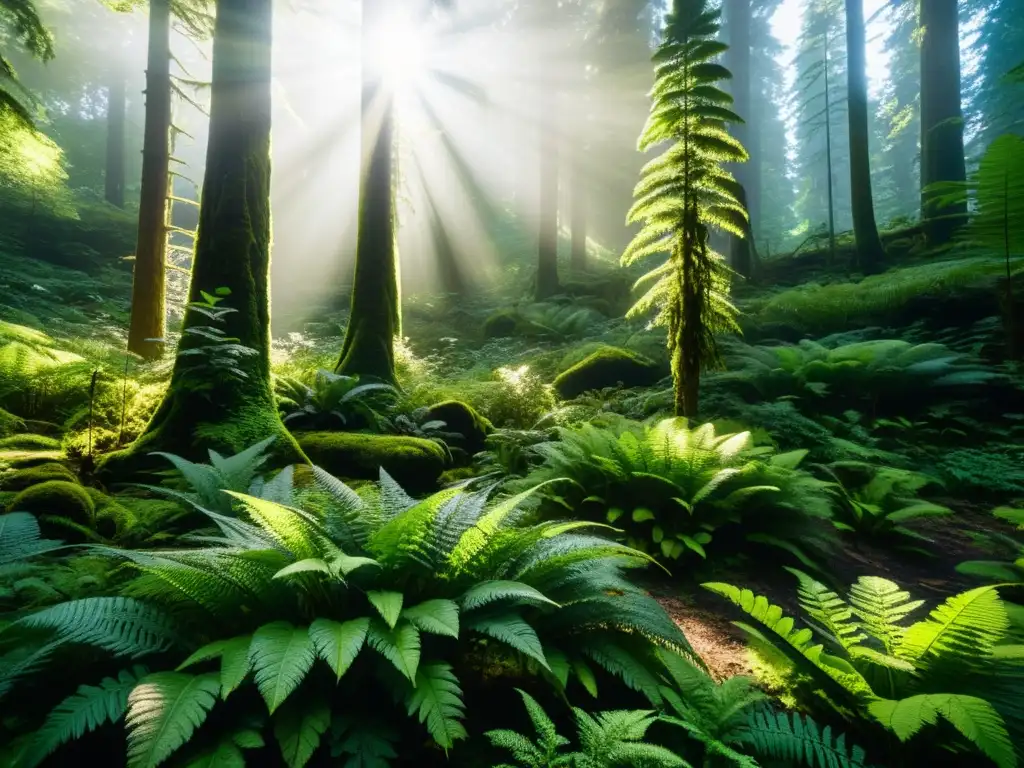 Explorando la exuberante vida de un bosque templado, con rayos de sol que iluminan la diversa flora y fauna