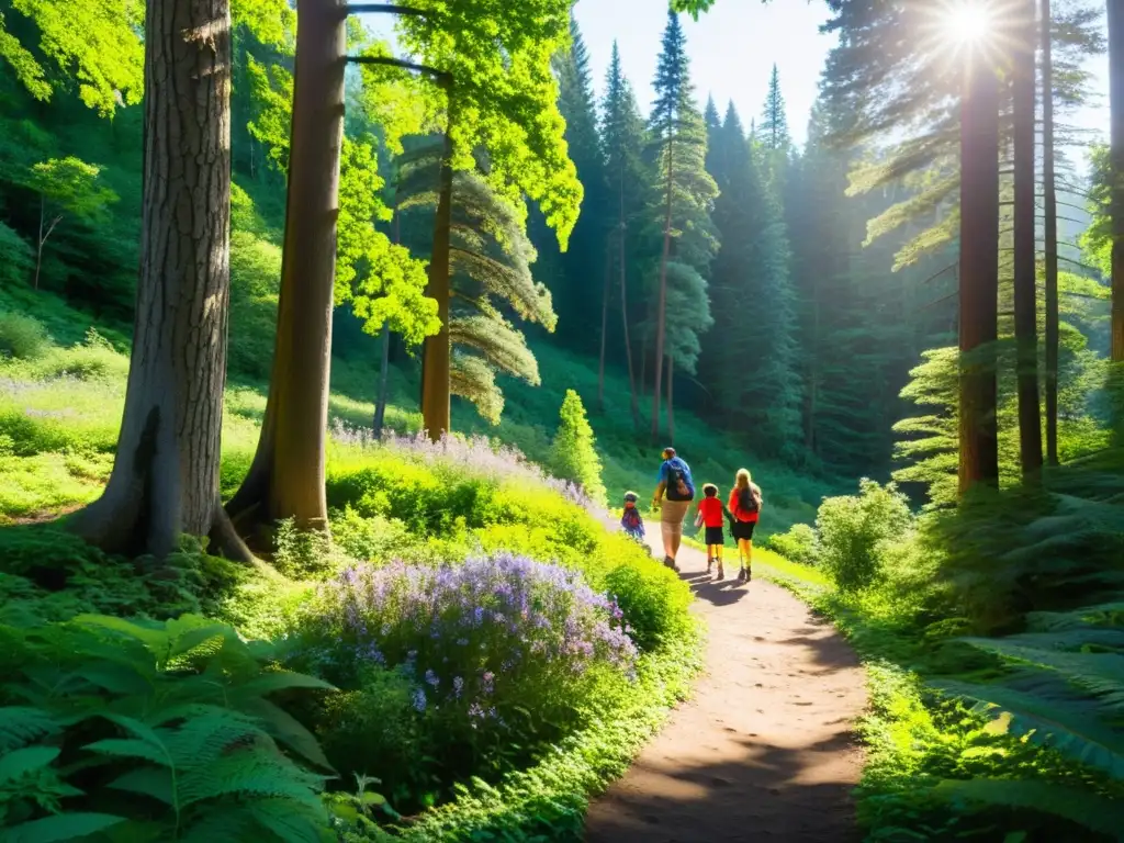 Una familia disfruta de actividades de turismo ecológico familiar en un bosque exuberante, con árboles altos y arroyos serpenteantes