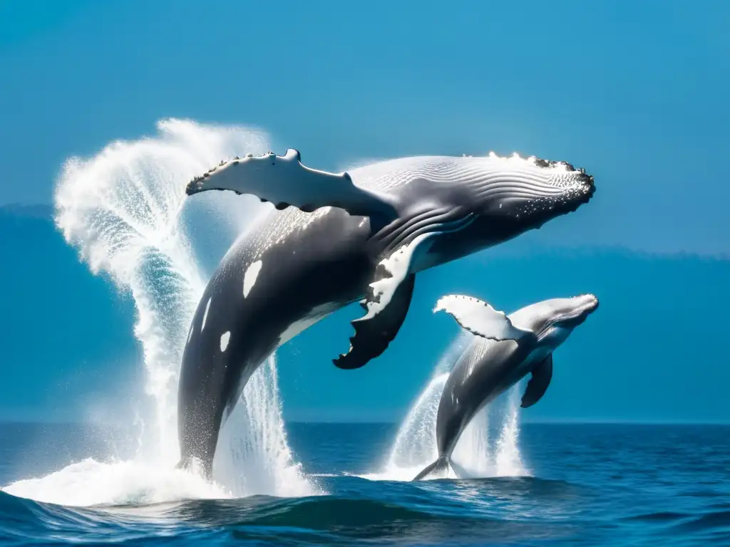 Una familia de ballenas jorobadas nada grácilmente en aguas cristalinas, rodeadas de sus crías juguetonas