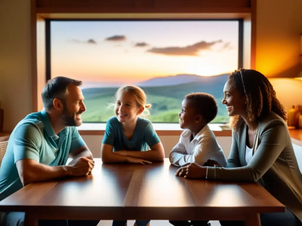 Una familia disfruta de una cena iluminada por una luz cálida