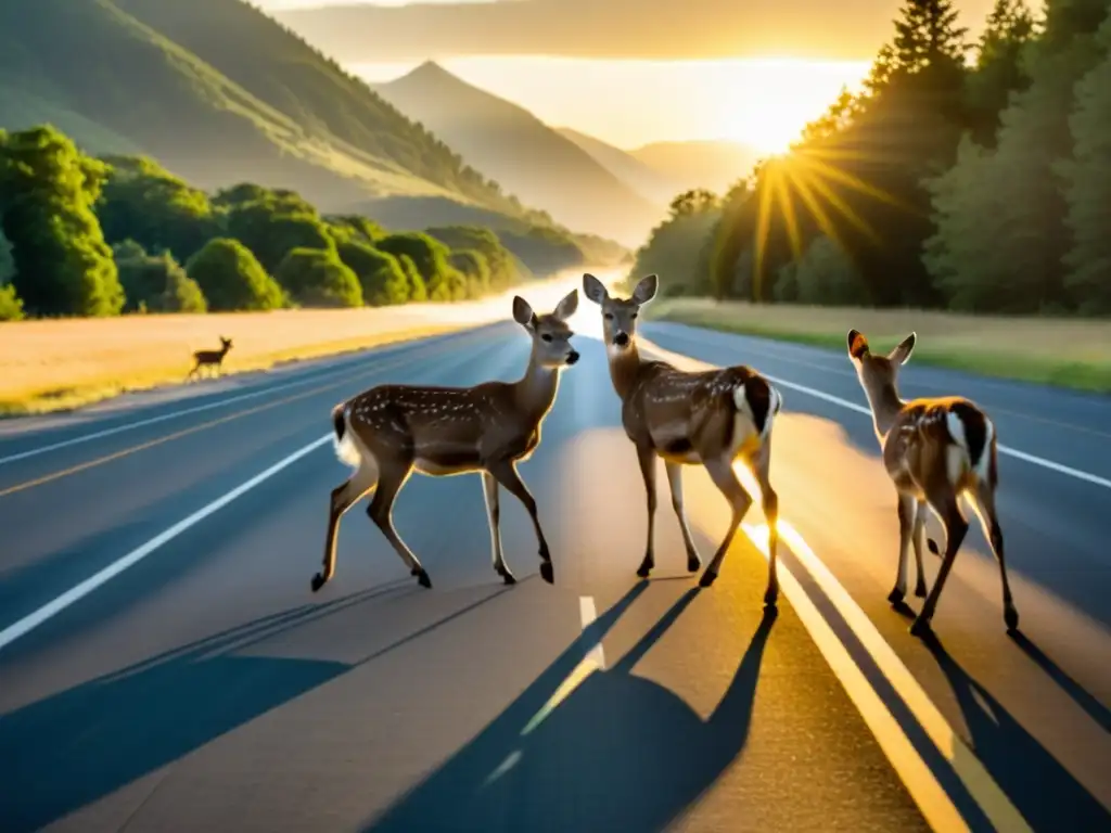 Familia de ciervos cruza cautelosamente una carretera al atardecer, mostrando el impacto de las carreteras en la fauna silvestre