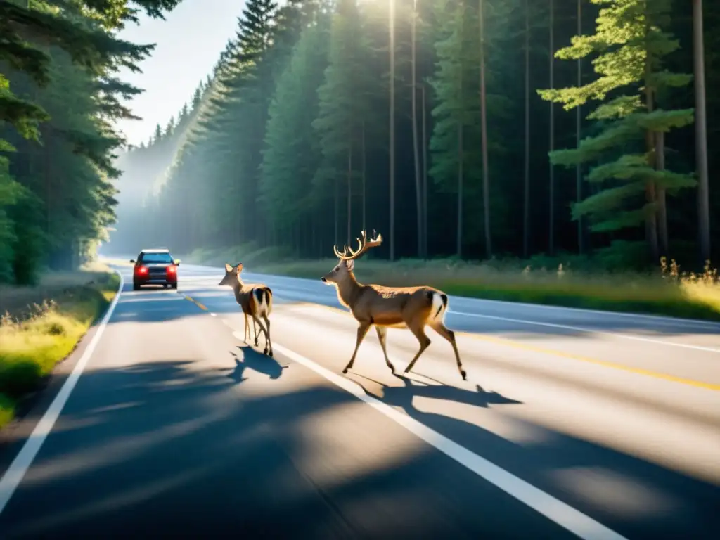 Una familia de ciervos cruza cautelosamente una carretera transitada, mostrando el impacto en la fauna silvestre