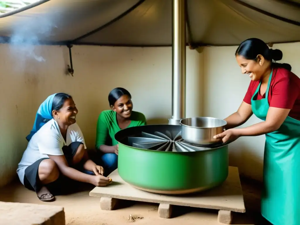 Una familia feliz cocina con una estufa de biogás en una cocina bien iluminada, mostrando el uso de biogás en la cocina de forma sostenible