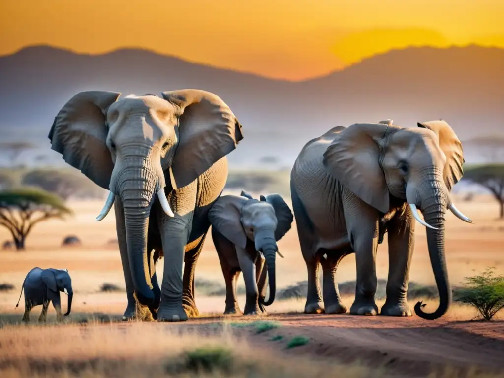 Una familia de elefantes majestuosos, en la sabana africana al atardecer