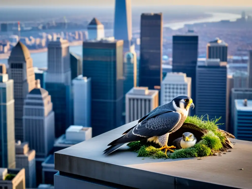Una familia de halcones peregrinos anida en un rascacielos, con sus crías curiosas
