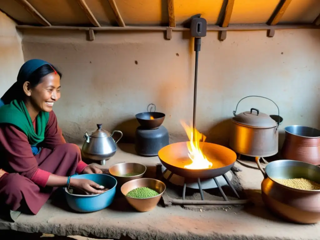 Una familia local en Nepal cocina con biogás en una cocina tradicional, creando una atmósfera cálida y acogedora