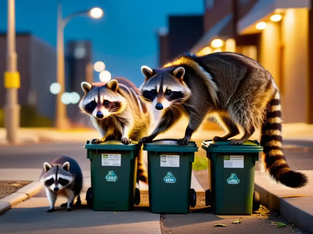 Familia de mapaches explorando basura en la ciudad de noche, destacando su adaptabilidad en entornos urbanos