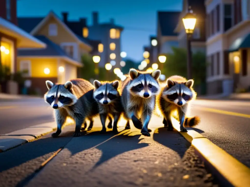 Una familia de mapaches explorando la ciudad de noche, sus ojos brillantes reflejan las luces de la calle