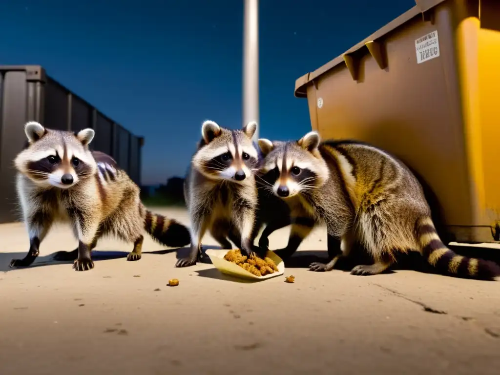 Familia de mapaches rebuscando en un contenedor urbano por la noche bajo la luz de una farola