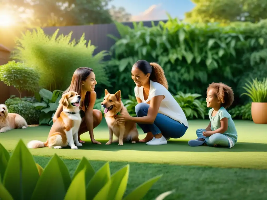 Una familia juega con sus mascotas en un jardín verde al atardecer, usando productos ecológicos para mascotas sostenibles