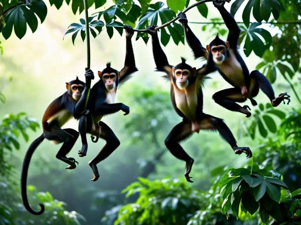 Una familia de monos araña se balancea ágilmente en la espesa selva, mostrando el comportamiento de los primates en su hábitat natural