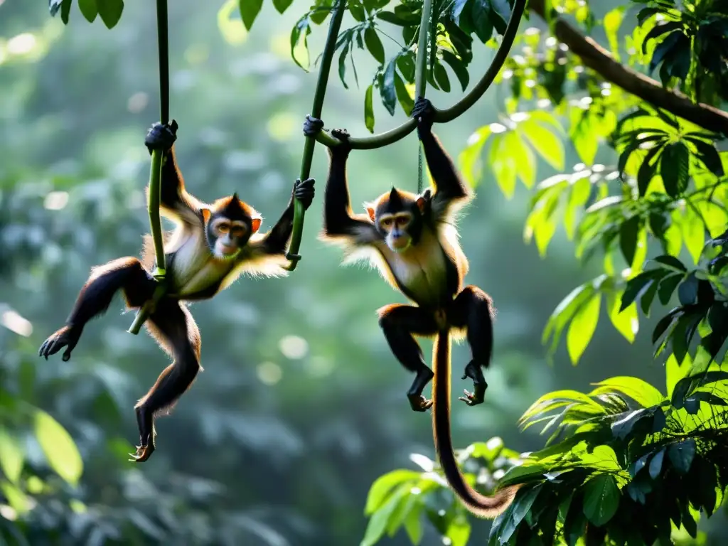 Una familia de monos araña se balancea con gracia en la densa selva, mostrando el comportamiento de los primates en selva