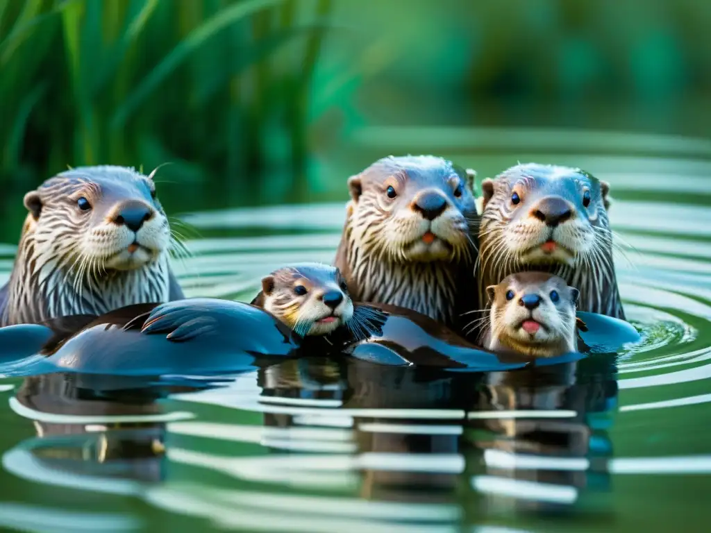 Una familia de nutrias nadando graciosamente en un humedal inundado, mostrando adaptación vida silvestre humedales