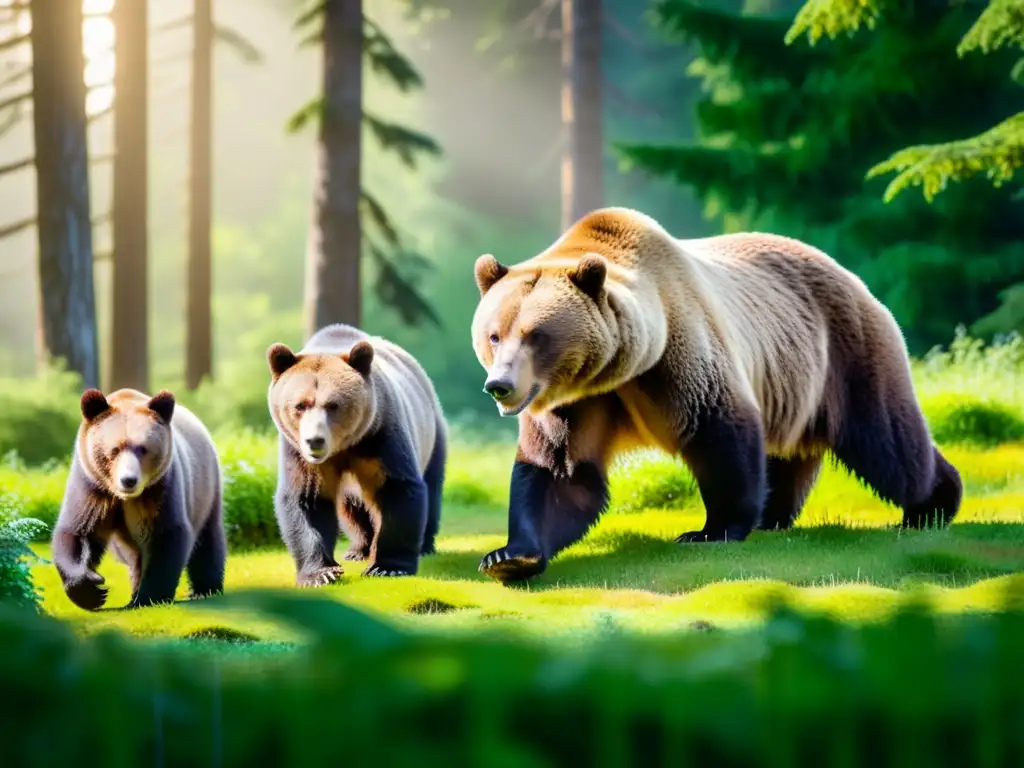 Una familia de osos de montaña busca comida en un exuberante bosque verde