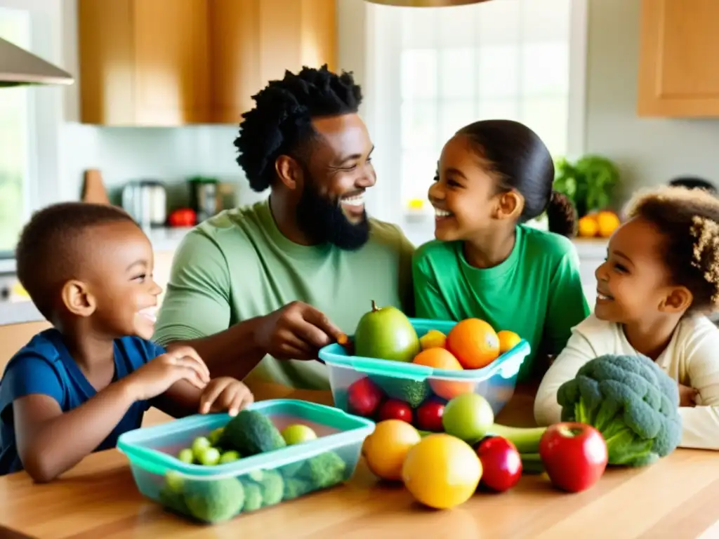 Una familia sonriente disfruta de una comida alrededor de la mesa con envases reutilizables biodegradables, resaltando la sostenibilidad en el hogar